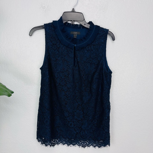 NWT J. Crew Lace Ruffle Neck Top Navy Blue Sleeveless - Picture 3 of 7